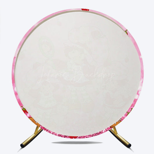 Lofaris Strawberry Shortcake Inspired Round Backdrop Vintage Cartoon Girl with Cat Pink Glitter Berry Cute Party Decor