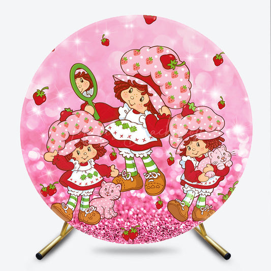Lofaris Strawberry Shortcake Inspired Round Backdrop Vintage Cartoon Girl with Cat Pink Glitter Berry Cute Party Decor