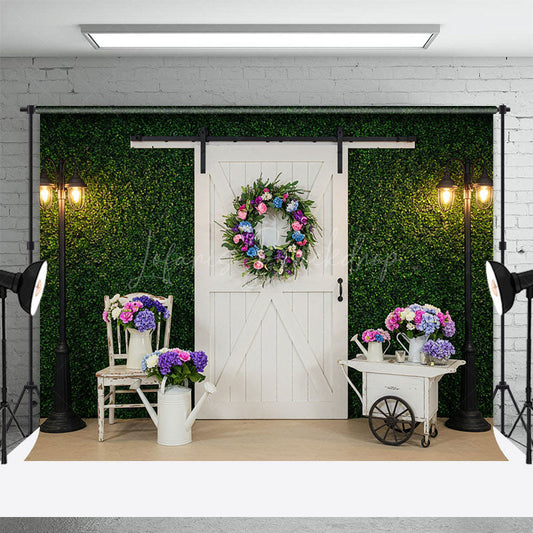 Lofaris Street Lamp Greenery Wall White Door Photo Backdrop