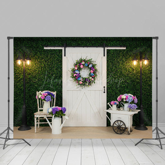 Lofaris Street Lamp Greenery Wall White Door Photo Backdrop