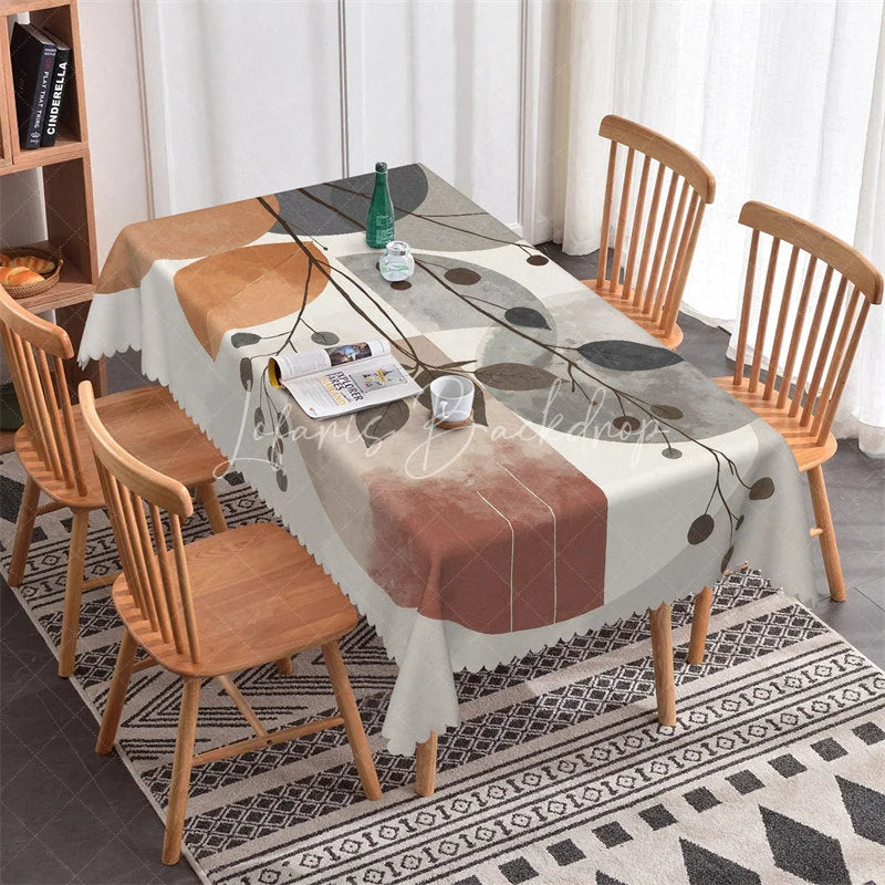 Lofaris Stylish Abstract Circles and Tree Branches Rectangle Tablecloth Modern Grey Brown Dining Table Decor