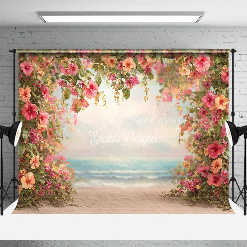 Lofaris Summer Beach Backdrop Tropical Hibiscus Floral Frame Hawaiian Luau Party Photography Background