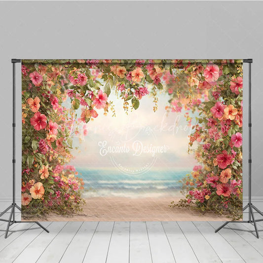 Lofaris Summer Beach Backdrop Tropical Hibiscus Floral Frame Hawaiian Luau Party Photography Background