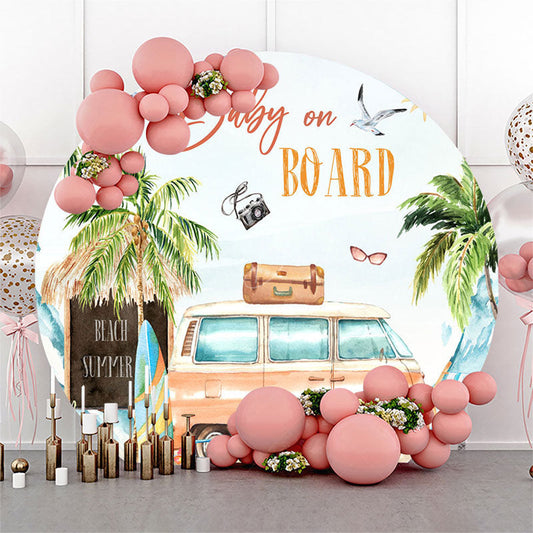 Lofaris Summer Beach Car Trees Baby On Board Round Backdrop