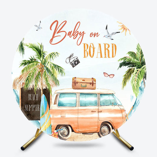Lofaris Summer Beach Car Trees Baby On Board Round Backdrop