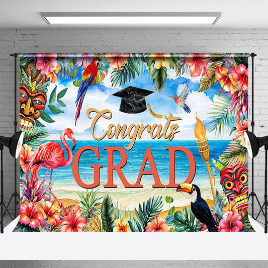 Lofaris Summer Beach Floral Flamingo Congrats Grad Backdrop