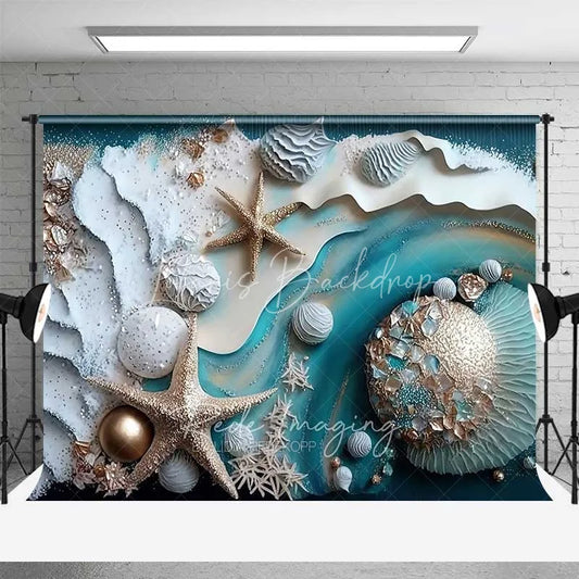 Lofaris Summer Beach Starfish and Seashell Backdrop Teal Ocean Waves Photography Background Party Event Decor