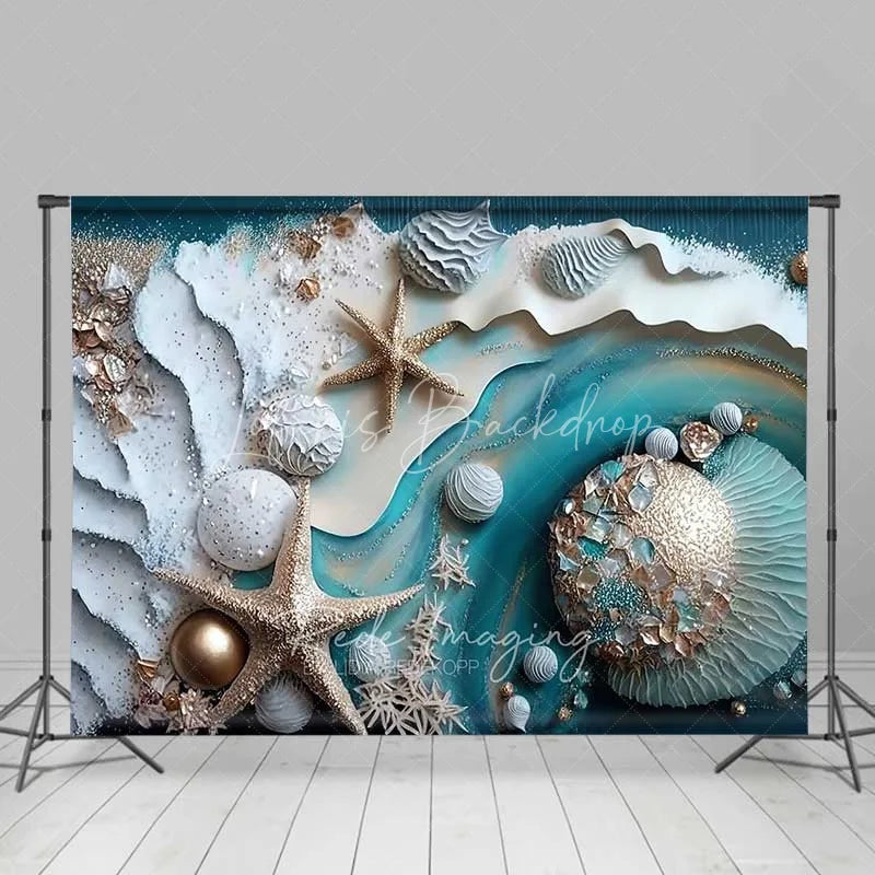 Summer Beach Starfish and Seashell Backdrop, Teal Ocean Waves ...