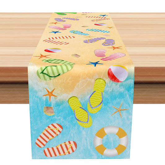 Lofaris Summer Beach Vacation Table Runner Flip Flops and Ocean Waves Design Tropical Coastal Kitchen or Party Decor
