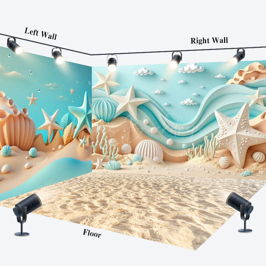 Lofaris Summer Blue Sandy Beach Cake Smash Room Set Backdrop