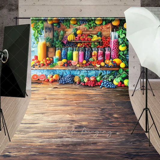 Lofaris Summer Fresh Fruit Juice Stand Backdrop Colorful Citrus Berries Rustic Wood Table Photography Background