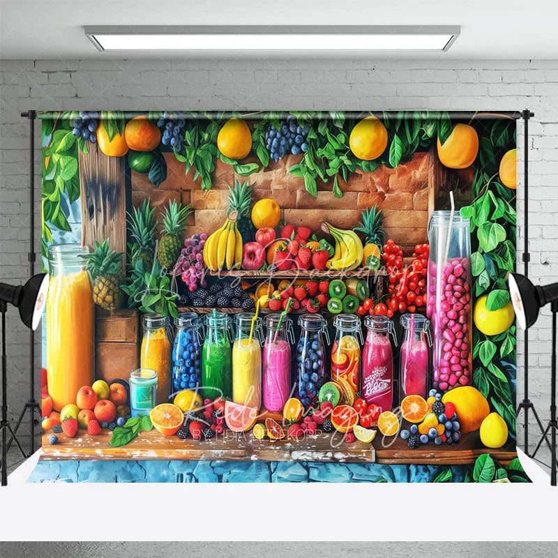 Lofaris Summer Fruit Stand Backdrop Colorful Juice Bottles and Fresh Berries Photography Background for Tropical Party
