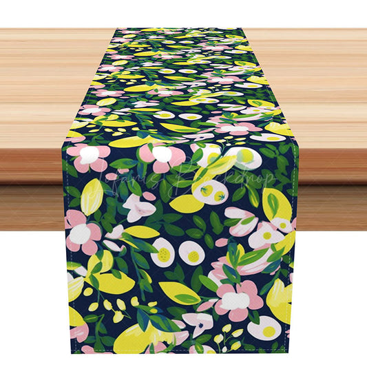 Lofaris Summer Fruit Table Runner with Abstract Lemon and Pink Floral Print for Kitchen Outdoor Party Decor