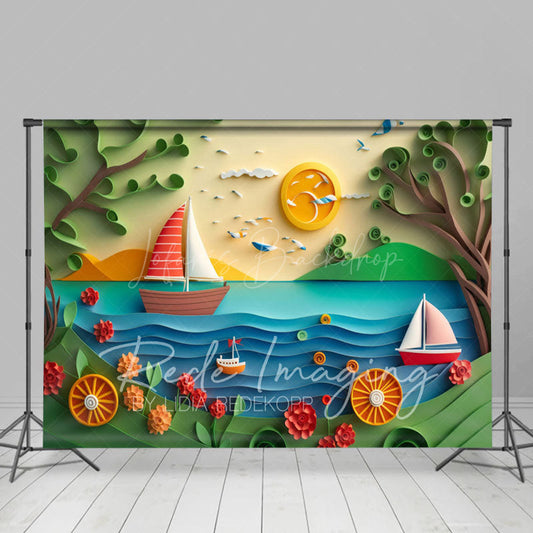 Lofaris Summer Fun Beach Trees Ship Cake Smash Photo Backdrop