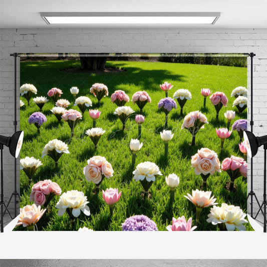 Lofaris Summer Green Lawn Rose Bouquet Wedding Photo Backdrop