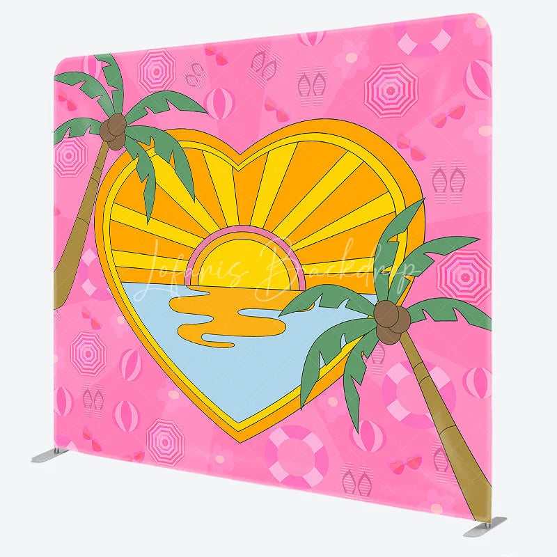 Lofaris Summer Heart Shaped Double Sided Backdrop Pink Palm Trees and Beach Scene Cartoon Tropical Party Decor