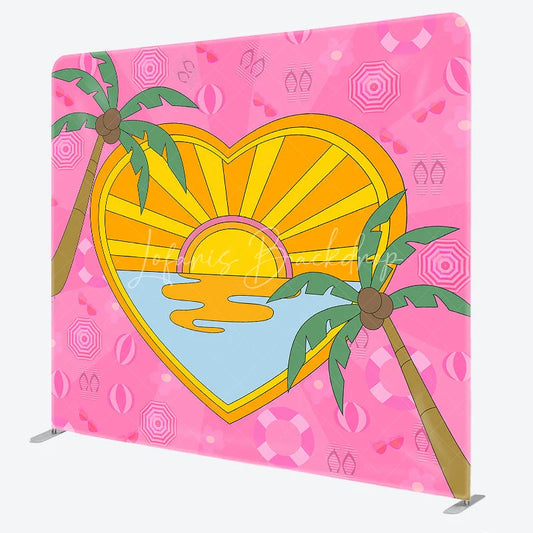 Lofaris Summer Heart Shaped Double Sided Backdrop Pink Palm Trees and Beach Scene Cartoon Tropical Party Decor