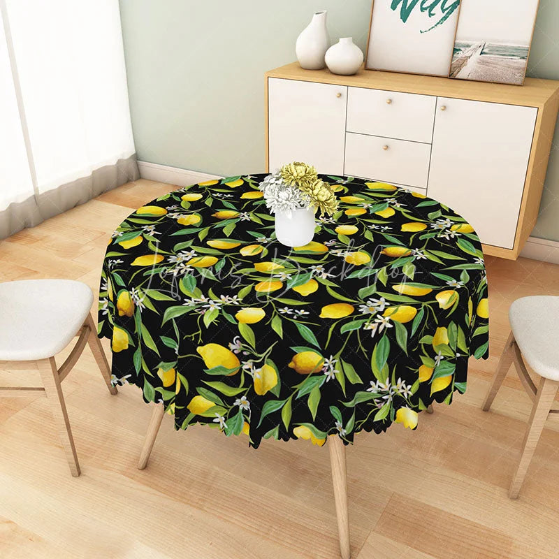 Lofaris Summer Lemon and Green Leaf Floral Round Tablecloth for Fresh Citrus Themed Kitchen Outdoor Party