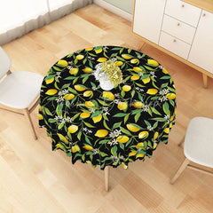 Lofaris Summer Lemon and Green Leaf Floral Round Tablecloth for Fresh Citrus Themed Kitchen Outdoor Party