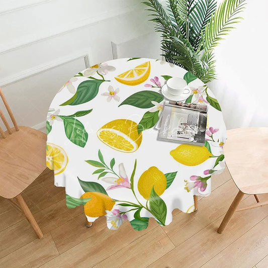 Lofaris Summer Lemon Round Tablecloth Fresh Citrus White Blossoms Green Leaves Kitchen Dining Party Decor