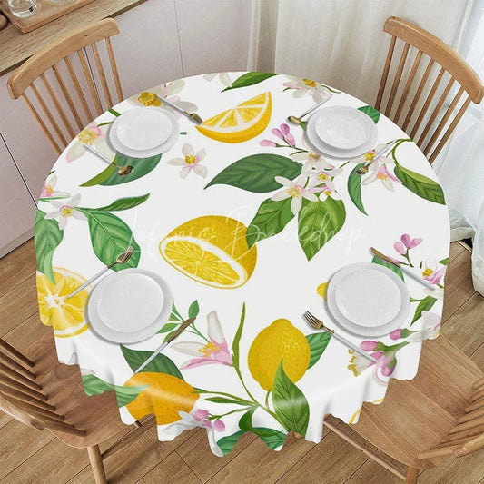 Lofaris Summer Lemon Round Tablecloth Fresh Citrus White Blossoms Green Leaves Kitchen Dining Party Decor