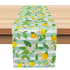 Lofaris Summer Lemon Table Runner with Green Stripes Citrus Fruit Print for Farmhouse Kitchen and Outdoor Party