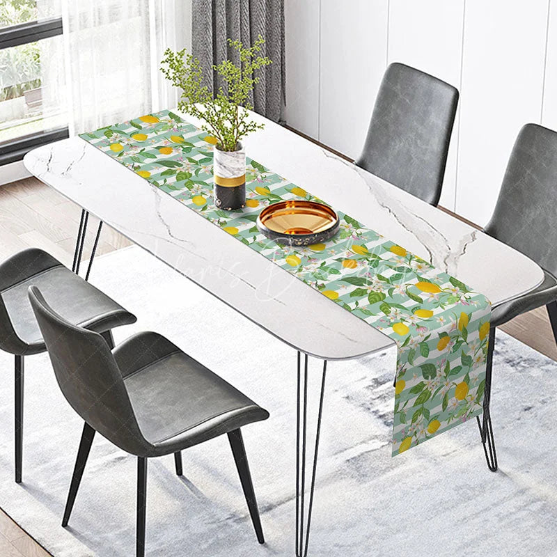 Lofaris Summer Lemon Table Runner with Green Stripes Citrus Fruit Print for Farmhouse Kitchen and Outdoor Party