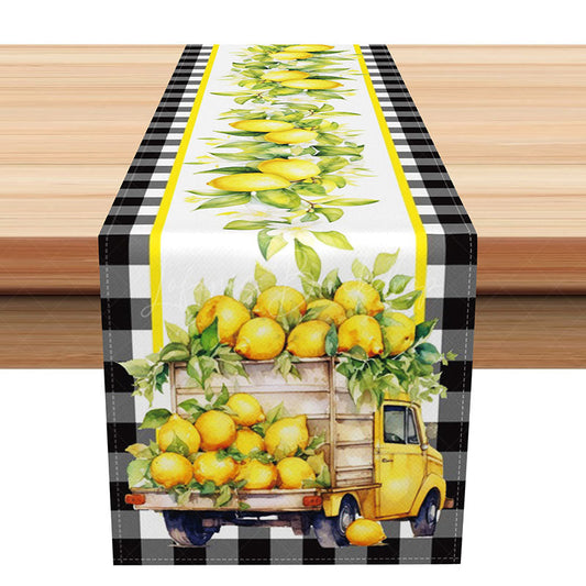 Lofaris Summer Lemon Truck Table Runner with Black Plaid for Farmhouse Kitchen and Buffalo Check Decor