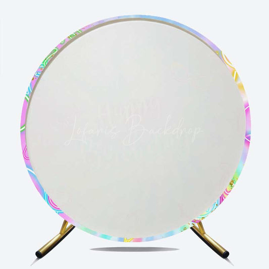 Lofaris Summer Neon Happy Birthday Round Backdrop Tie Dye Pool Party with Flamingo Splish Splash Kids Photo Prop Decor