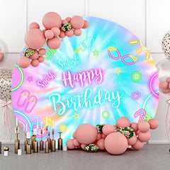 Lofaris Summer Neon Happy Birthday Round Backdrop Tie Dye Pool Party with Flamingo Splish Splash Kids Photo Prop Decor