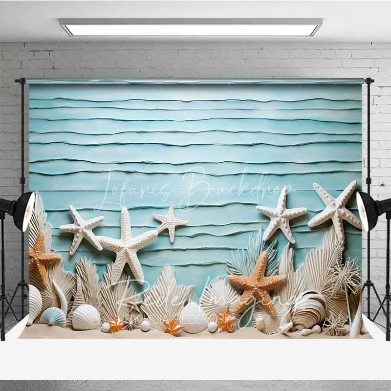 Lofaris Summer Ocean Beach Starfish Photography Backdrop Blue Textured Wall White Shells Background Nautical Theme Photo Prop