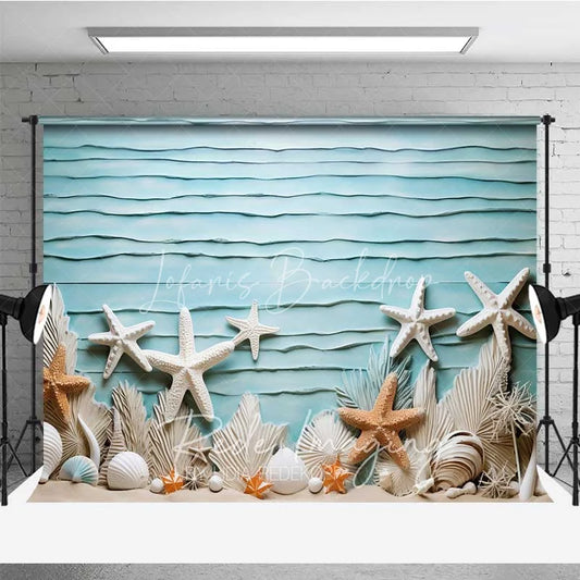 Lofaris Summer Ocean Beach Starfish Photography Backdrop Blue Textured Wall White Shells Background Nautical Theme Photo Prop