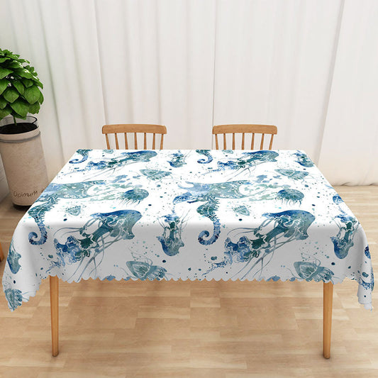 Lofaris Summer Ocean Vibe Rectangle Tablecloth with Seahorse and Jellyfish for Coastal Beach House Dining Decor