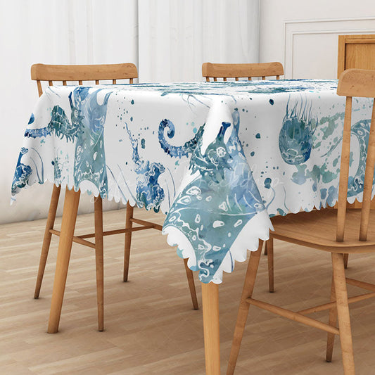 Lofaris Summer Ocean Vibe Rectangle Tablecloth with Seahorse and Jellyfish for Coastal Beach House Dining Decor