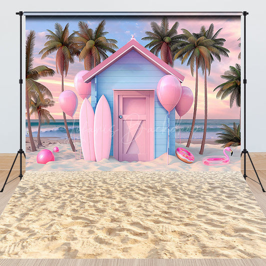 Lofaris Summer Pink Cabin Tree Sandy Beach Combo Set Backdrop