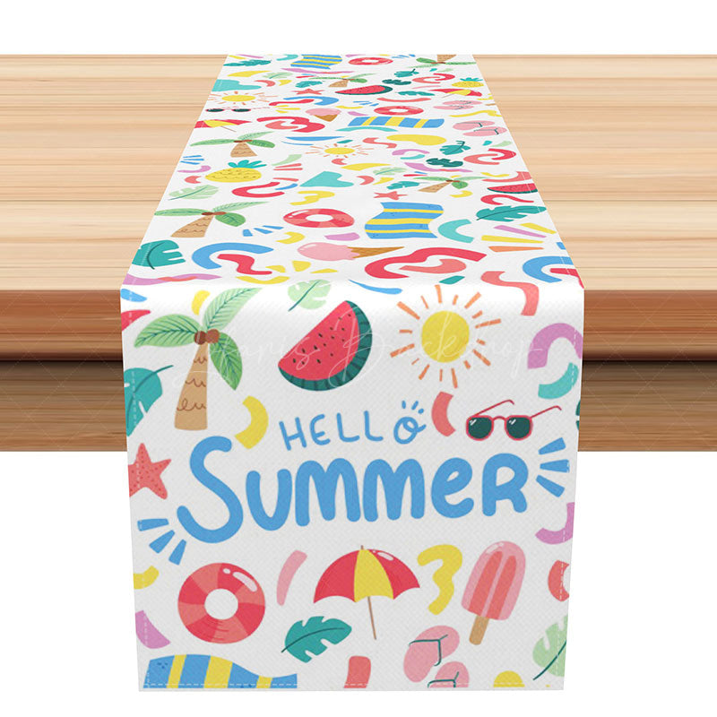 Lofaris Summer Pool Party Table Runner with Colorful Swimming Rings and Coconut Trees for Tropical BBQ Decor