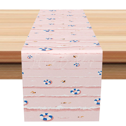 Lofaris Summer Pool Party Table Runner with Pink Swimming Rings for Fun Kids Birthday and Outdoor BBQ Decor