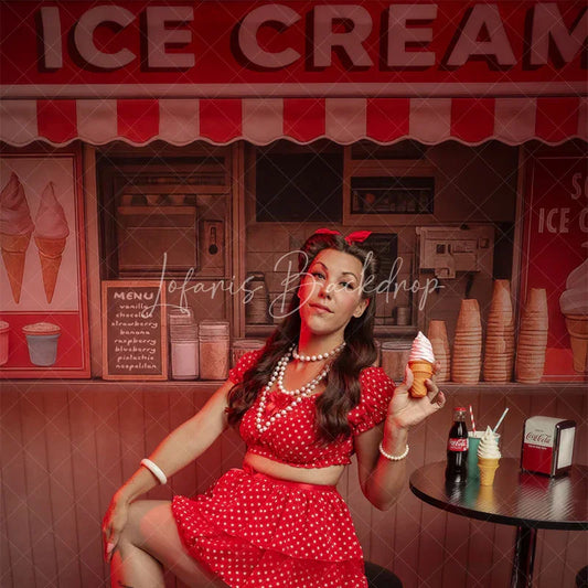Lofaris Summer Red Beige Ice Cream Shop Photography Backdrop