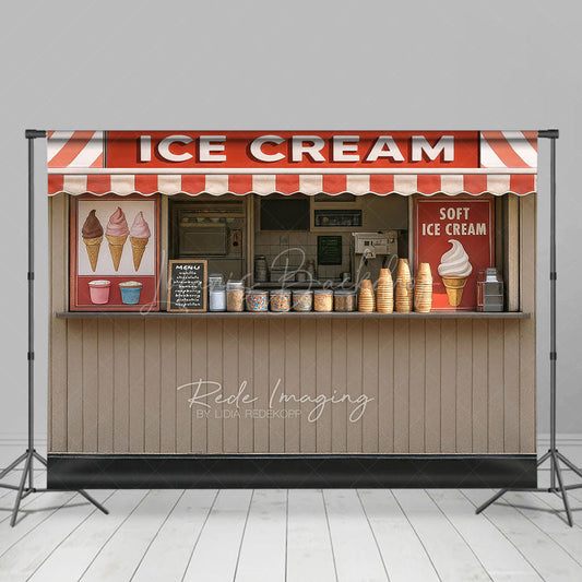 Lofaris Summer Red Beige Ice Cream Shop Photography Backdrop