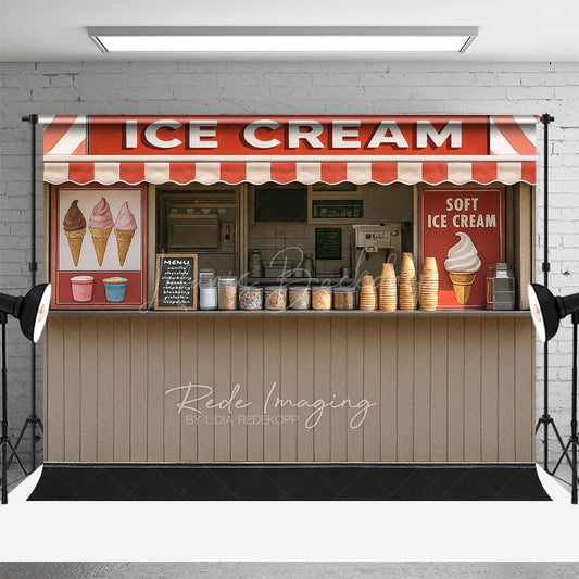 Lofaris Summer Red Beige Ice Cream Shop Photography Backdrop