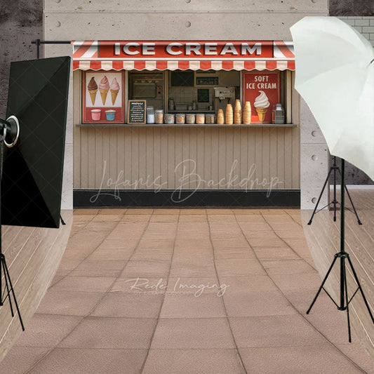 Lofaris Summer Red Beige Ice Cream Shop Sweep Photo Backdrop