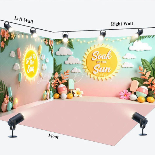 Lofaris Summer Sun and Popsicle Room Set Backdrop Tropical Beach Party Decor for Kids Vibrant Pastel Photo Background