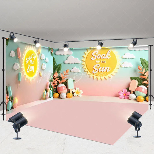 Lofaris Summer Sun and Popsicle Room Set Backdrop Tropical Beach Party Decor for Kids Vibrant Pastel Photo Background