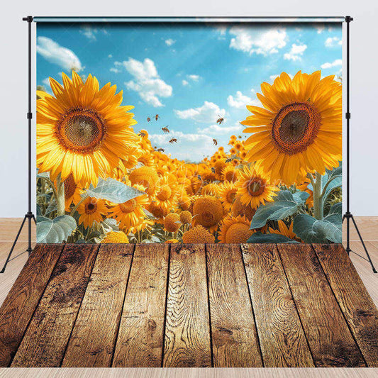 Lofaris Summer Sunflower Sky Wood Floor Combo Set Backdrop
