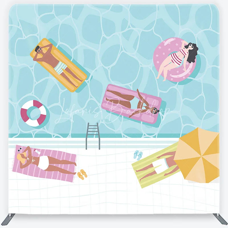 Lofaris Summer Swimming Pool Party Square Double-Sided Backdrop Vibrant People on Floats for Relaxing Vacation Decor
