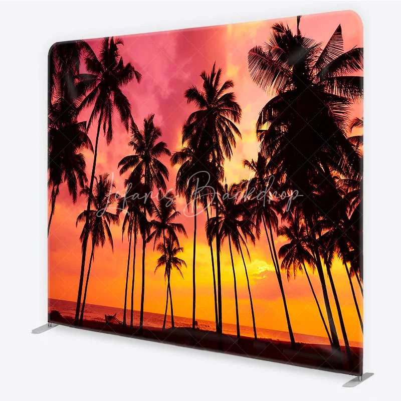 Lofaris Summer Tropical Beach Tension Fabric Backdrop Palm Tree Silhouette Pink Sunset Party Decorations