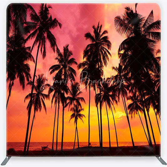 Lofaris Summer Tropical Beach Tension Fabric Backdrop Palm Tree Silhouette Pink Sunset Party Decorations