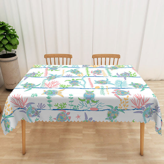 Lofaris Summer Underwater Tablecloth with Sea Turtle Totem for Ocean Coastal and Marine Life Themed Decor