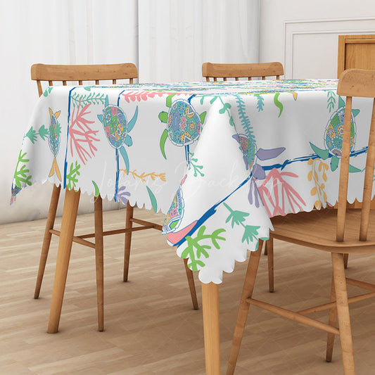 Lofaris Summer Underwater Tablecloth with Sea Turtle Totem for Ocean Coastal and Marine Life Themed Decor