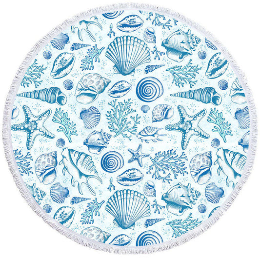 Lofaris Summer Vibe Blue White Porcelain Round Beach Towel